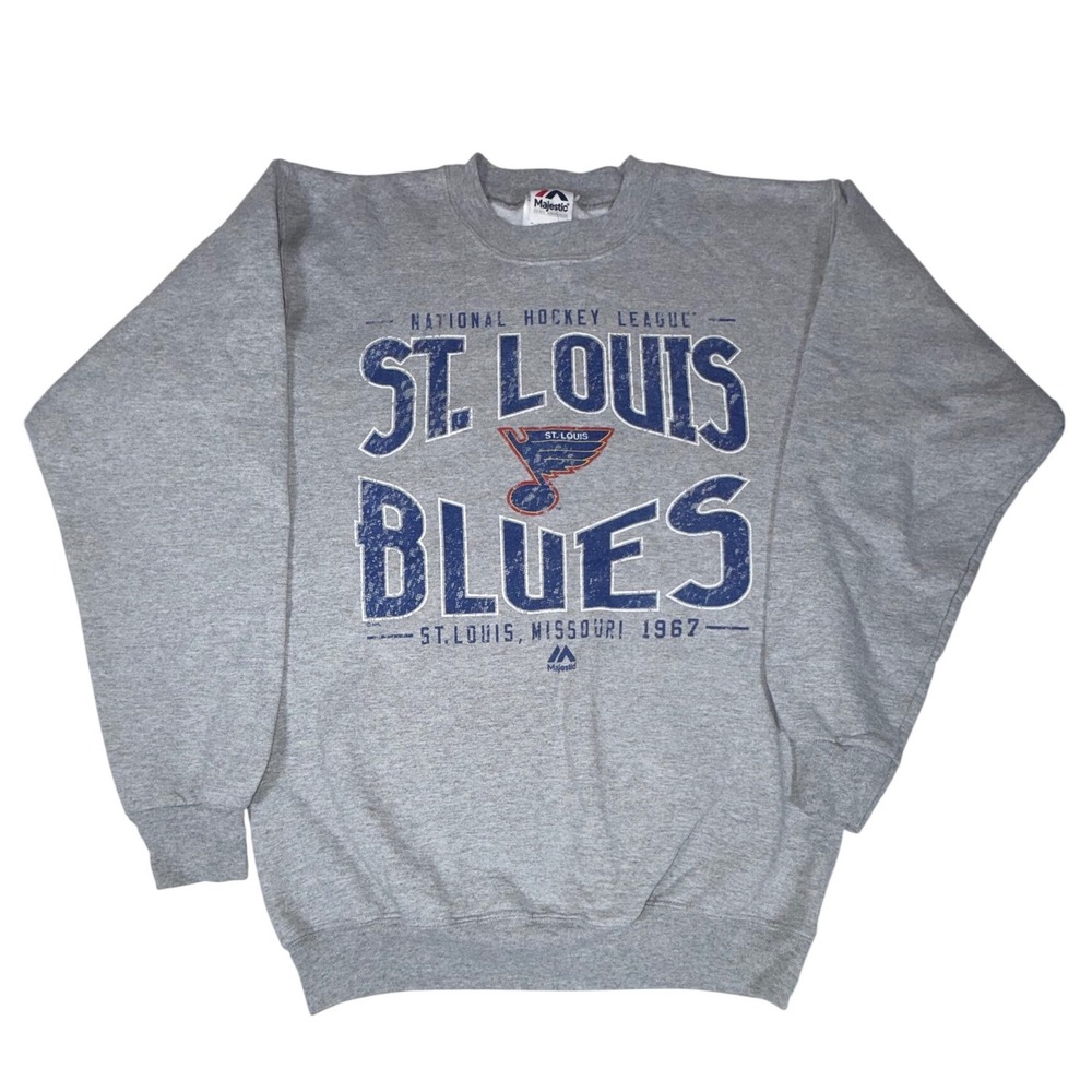 Majestic St. Louis Blues Mens S Gray Distressed Crewneck Sweatshirt NHL Hockey